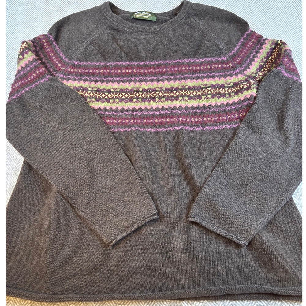 Eddie Bauer Fair Isle Crewneck Sweater Brown Pink Green Cotton Angora Blend L